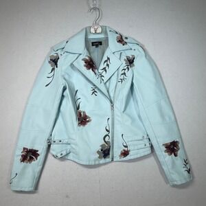 Light Blue Embroidered Moto Jacket Faux Leather Studded Zipper Size S